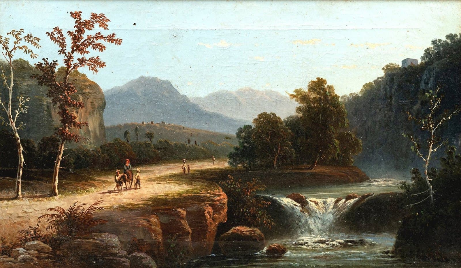 Paesaggio fluviale con cascata e viandanti